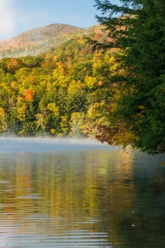 Autumn;Blue;Brown;Calm;Emerald Lake;Fall;Fog;Forest;Forested;Gold;Healing;Health care;Healthcare;Mirror;Mountain;Mountain Side;Mountain Top;Nature;New England;Obscured;Pastoral;Ripple;Seascape;Seasons;Tan;Timber;Timberland;Tree;United States;Vermont;Warm Colors;Warm Palette;Warm Tones;Water;Wood;Woodland;Woods;Yellow;color;foggy;green;haze;hillside;lake;landscape;leaves;mist;misty;oneness;orange;peaceful;reflection;reflections;restful;serene;soothing;tranquil;trees;zen
