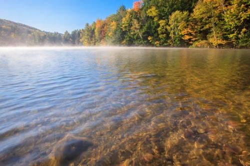 Autumn;Blue;Brown;Emerald Lake;Fall;Gold;Green;Lake;Mist;Morning;Obscured;Orange;Pond;Red;Rock;Rocks;Seasons;Shore;Shoreline;Stone;Tan;United States;Vermont;Water;Waves;Yellow;fog;foggy;haze;misty