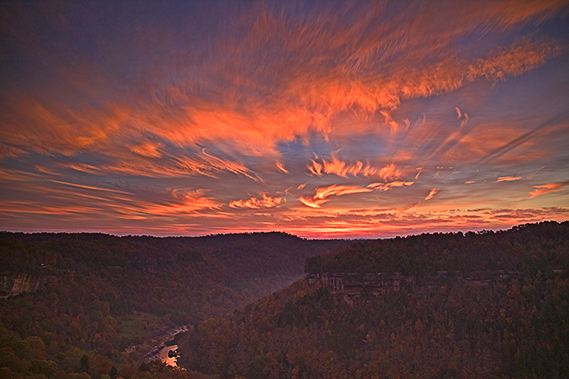 Big South Fork National Recreat;Cumberland Plateau;Sunset;Dusk;Twilight;evening;Nightfall;Sundown;Canyon;Cliff;Bluff;Rock Face;Rock Formations;Sheer;Steep;Stream;Creek;Brook;Rivulet;Water;Flow;Flowing;Wet;Tributary;Cascade;Gush;Streamlet;Torrent;Pouring;White Water;Rapids;Bubbling;River