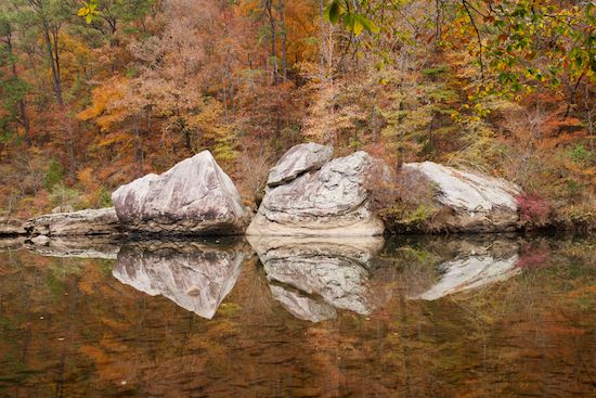 Autumn;Stones;Boulder;reflections;Alabama;Yellow;Stream;flowing;Rock Formations;Stone;Boulders;Tan;Tree;Mirror;tree;Orange;Little River Canyon;Trees;Forest;Green;Brown;Fall;flow;trees;Striations;river;rust;Rock;reflection;water
