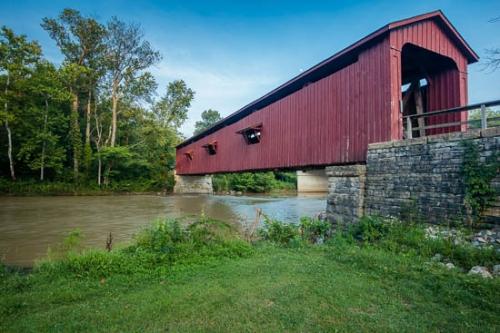 Blue;Covered Bridge;Green;Indiana;Moon;Red;River;Road;Stone;Stones;Tree;Trees;Water;waterway