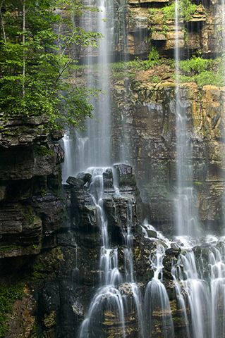 Waterfall;Tennessee;Rock Formations;Rocks;River;Water;Flowing;Pouring;Power;Leaf;Leaves;Nature;Cumberland Plateau;Cliff;Rock Face;Sheer;Steep;Stream;Cool;Wet;Flow;Cascade;Cascading;Spray;Cataract;Falls;Chute;Falling;Spilling;Canyon;Bluff;Rock;Boulder;Boulders;Stones;Pebble;Pebbles;Stone