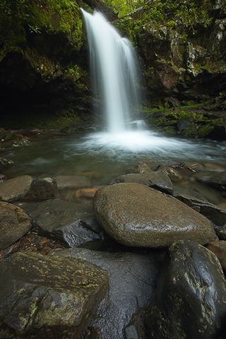 Waterfall;Stream;Water;Flowing;Pouring;Cool;Wet;Flow;Cascade;Cascading;Spray;Ledge;Mountain;Cliff;Precipice;Peak;Mountain Top;Rock Formations;Rocks;Boulder;Nature;Vertical;High;Power;Powerful;Scenic View;Scenics;Summit;Forest;Trees;Leaves;Leaf;Plants;Woods;Bark;Outdoors;Natural;Woodland