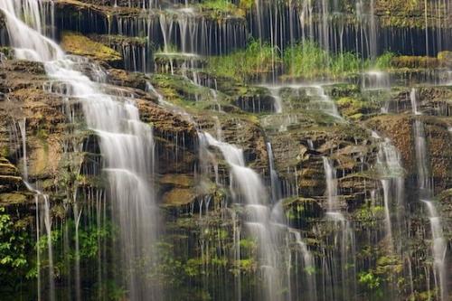 Waterfall;Water;Cummins Falls;Falls;Streaming;Pouring;Cascading;Stream;Waterfalls;Chute;Cascade;ledge;rocks;rock face;plants;green;tan;moss