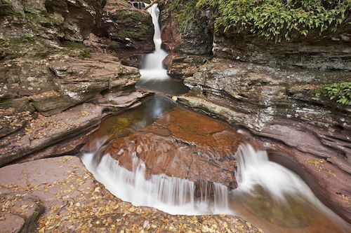 Chute;Rock Face;Pennsylvania;Ricketts Glenn State Park;Waterfalls;Cliff;Stream;Water;Yellow;Adams Falls;Fall;Geological;Rocks;Falls;Pouring;Green;Red;Leaf;Waterfall;Cascade;Autumn;Sandstone Falls;Tan;West Virginia;Rock Formations;Cascading;Streaming;Leafy;Leaves;Rock