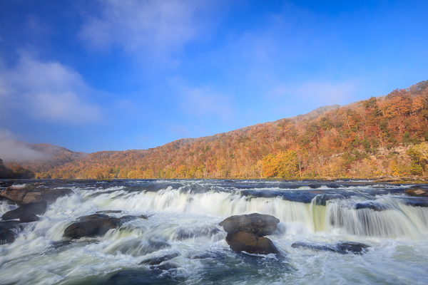 Autumn;Blue;Boulder;Boulders;Brown;Cascade;Cascading;Fall;Falls;Flow;Fog;Healing;Mist;New River;New River Gorge;Pouring;River;Rock;Rocks;Sandstone Falls;Spilling;Streaming;United States;Water;Waterfalls;West Virginia;Yellow;flowing;foggy;haze;leaves;mist;misty;orange;peaceful;trees